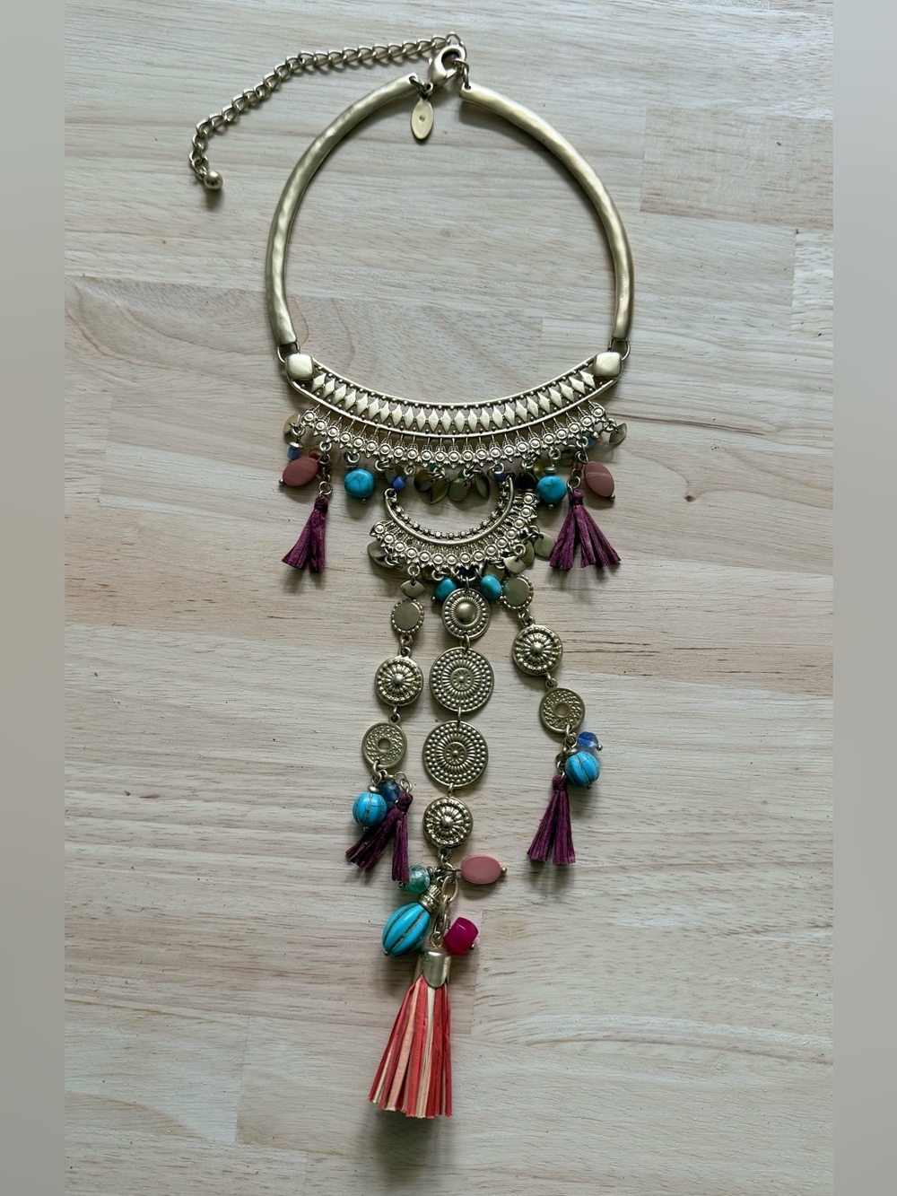 Bohemian Gold-Tone Statement Necklace with Turquoise and Plum Tassels